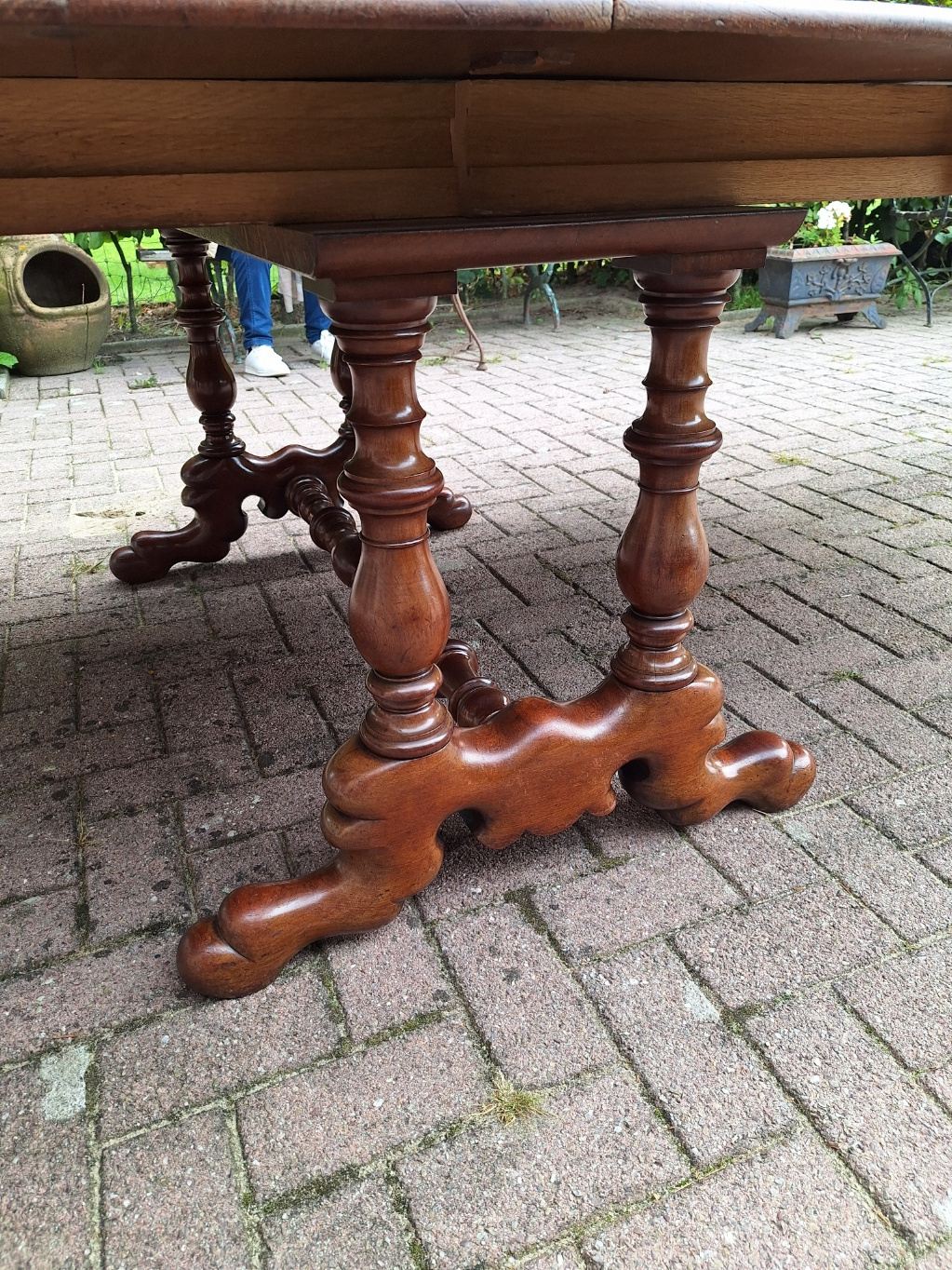 Hollandse antieke mahonie coulissetafel br-143cm max. L - 328cm 5 eiken inlegbladen 1880 nr T20245