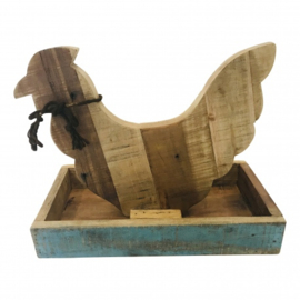 Dienblad L met haan in het midden van oud hout br40cm nr 5808