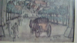 Mooie ingekleurde pentekening zicht op stad door stadspoort.