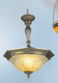 Antiek messing retro schaallamp met bewerkt glas nr:20335/2