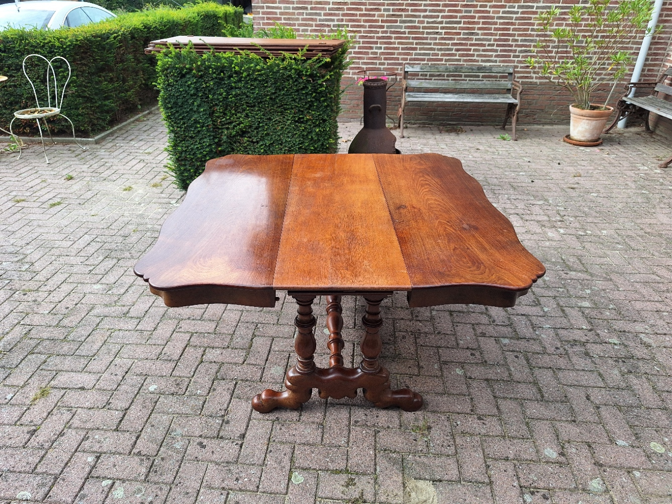Hollandse antieke mahonie coulissetafel br-143cm max. L - 328cm 5 eiken inlegbladen 1880 nr T20245