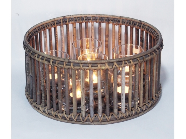 Windlicht handgevlochten incl. 6x glas grijs natural d-35cm nr 902835