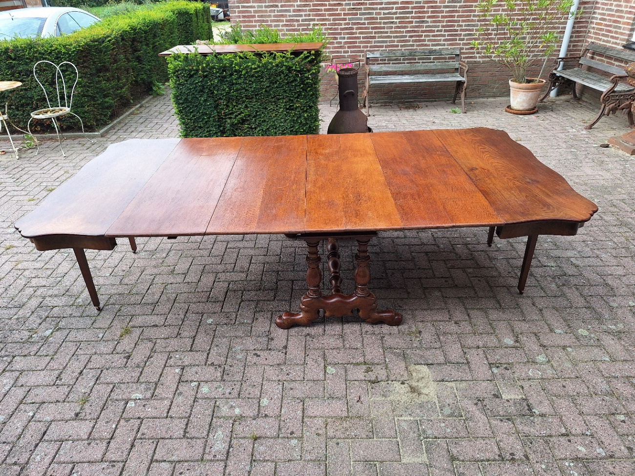 Hollandse antieke mahonie coulissetafel br-143cm max. L - 328cm 5 eiken inlegbladen 1880 nr T20245