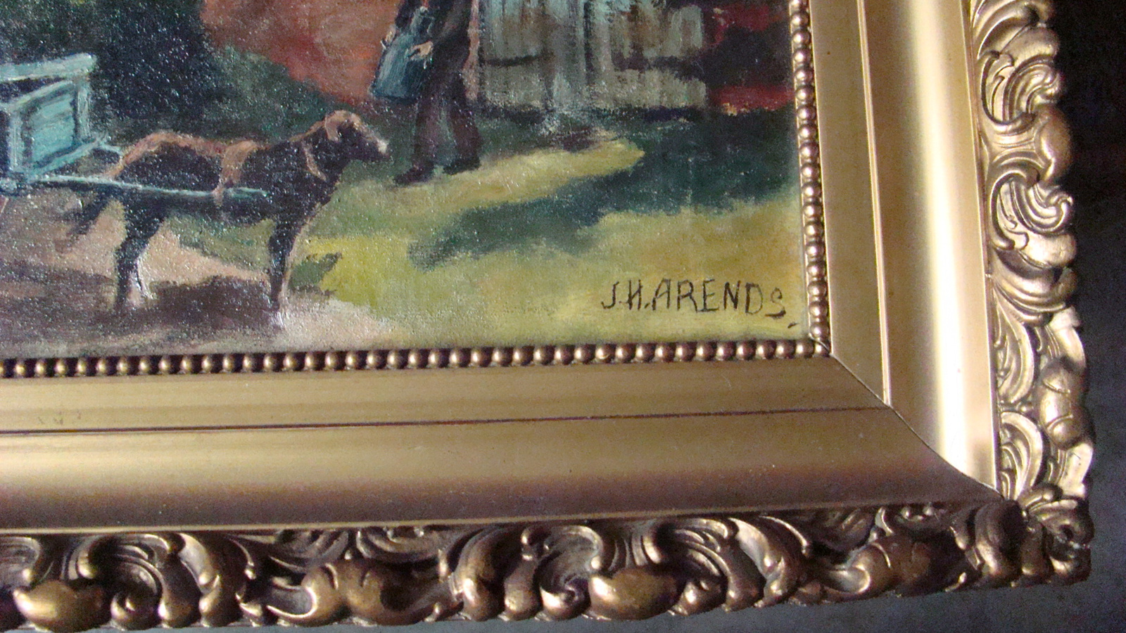 Schilderij boerderij met trekhondenkar.