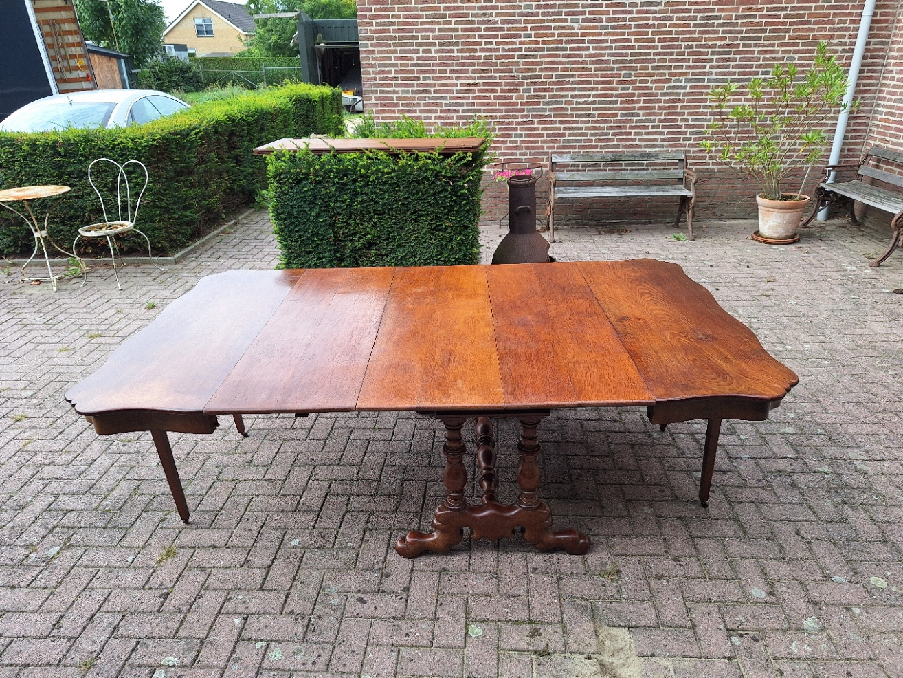Hollandse antieke mahonie coulissetafel br-143cm max. L - 328cm 5 eiken inlegbladen 1880 nr T20245