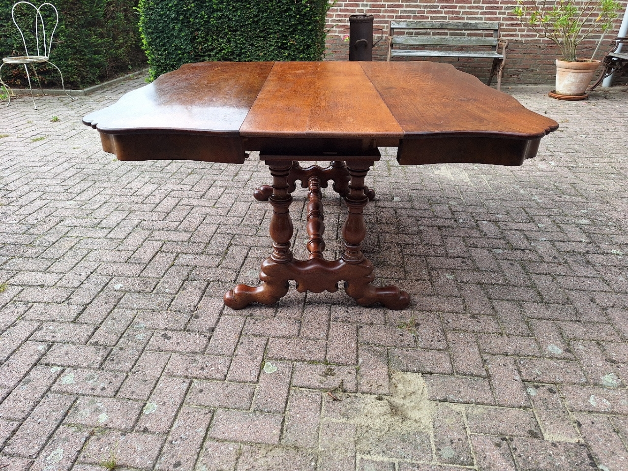 Hollandse antieke mahonie coulissetafel br-143cm max. L - 328cm 5 eiken inlegbladen 1880 nr T20245