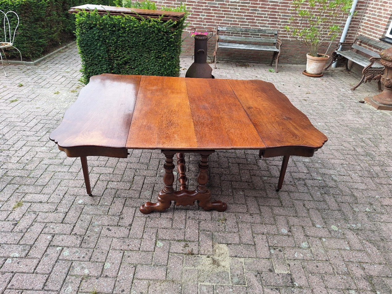 Hollandse antieke mahonie coulissetafel br-143cm max. L - 328cm 5 eiken inlegbladen 1880 nr T20245