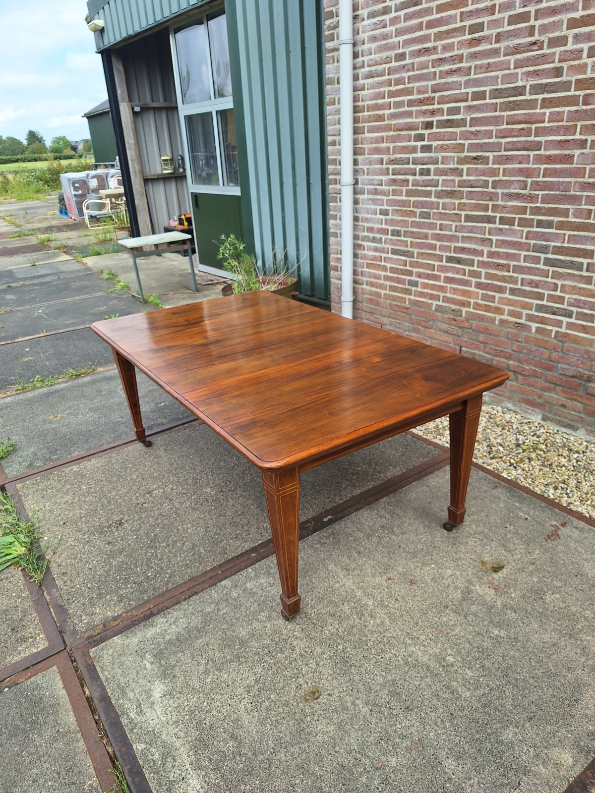Mahonie engelse uitschuiftafel 1 tussenblad ingelegde poot 1890 nr T20245