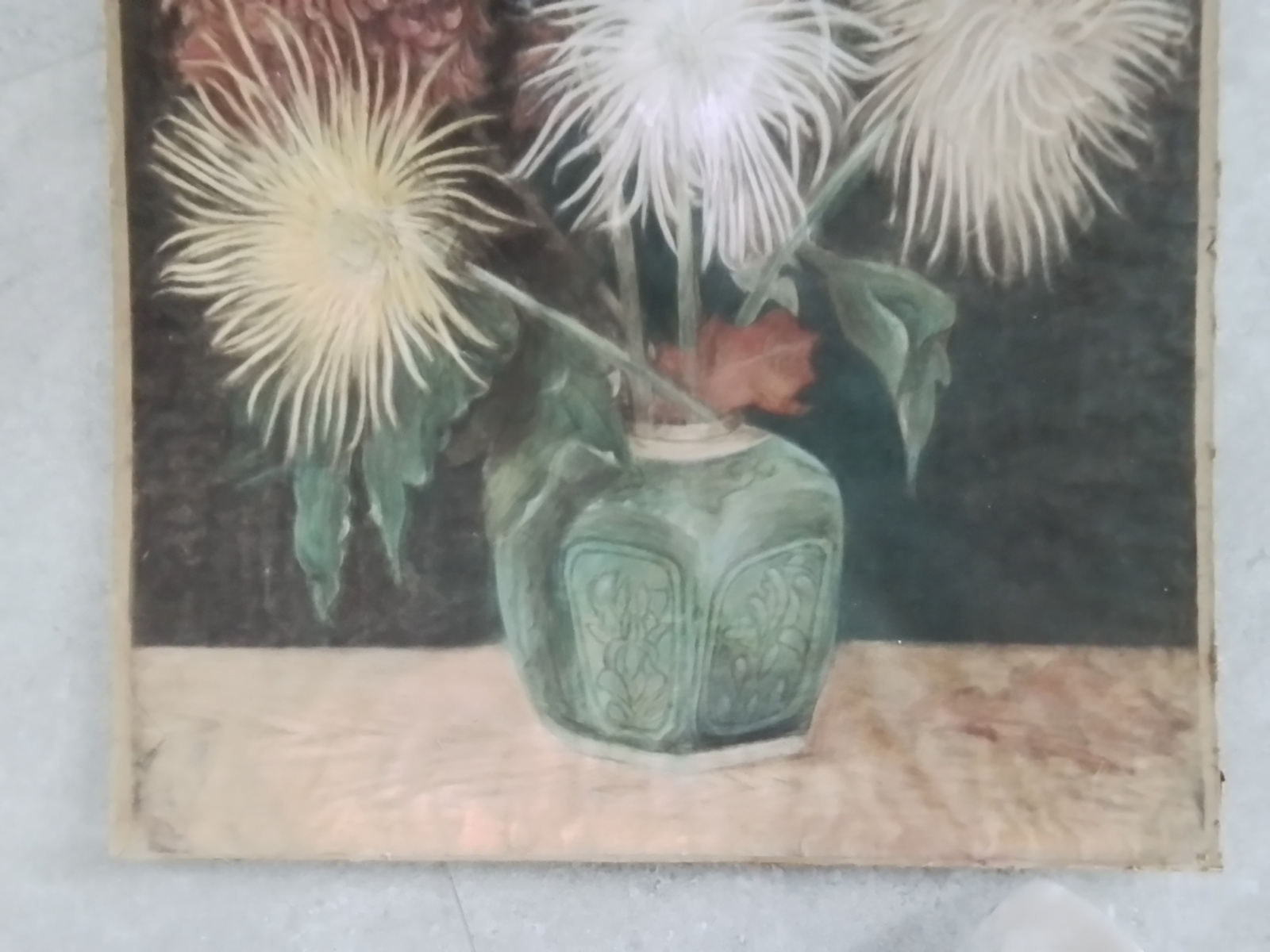 Schilderij gemberpot  met chrysanten.