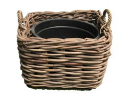 Grote handgevlochten vierkante mand met pot grijs natural 62x62x42cm nr 300143