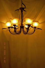 Bronskleurige hanglamp 6-lichts met gekleurde kapjes nr:20312/6