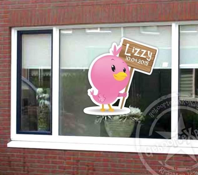 Sticker geboorte raam - vogeltje met naambord meisje