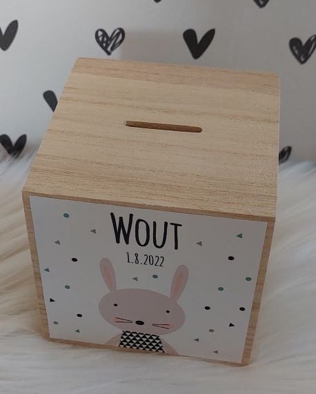 houten spaarpot met naam (en datum)trendy konijntje-jongen