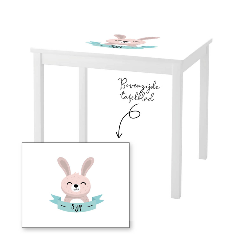 1 of 2 stoelen en tafeltje met naam en konijntje jongen