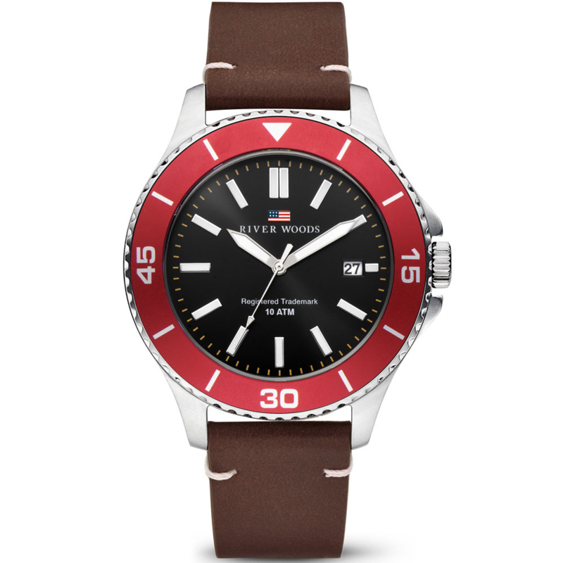 River Woods Herenhorloge 10ATM - Lederen Horlogeband Zwart-Rood