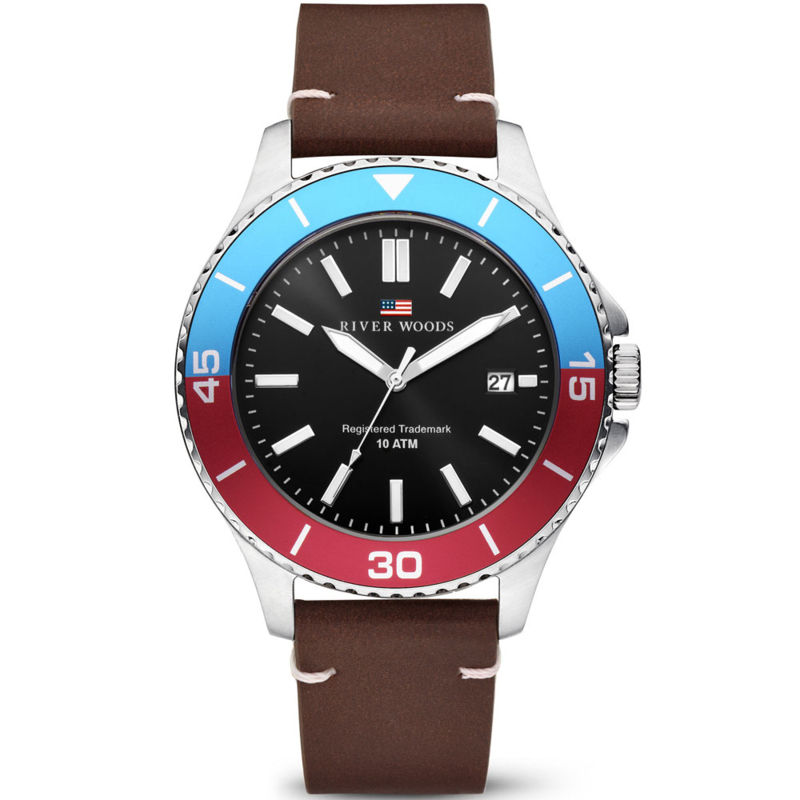 River Woods Herenhorloge 10ATM - Lederen Horlogeband Zwart-Pepsi
