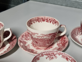 Engels rood Set 6x mix & match kop en schotel (rand met decor binnenin)